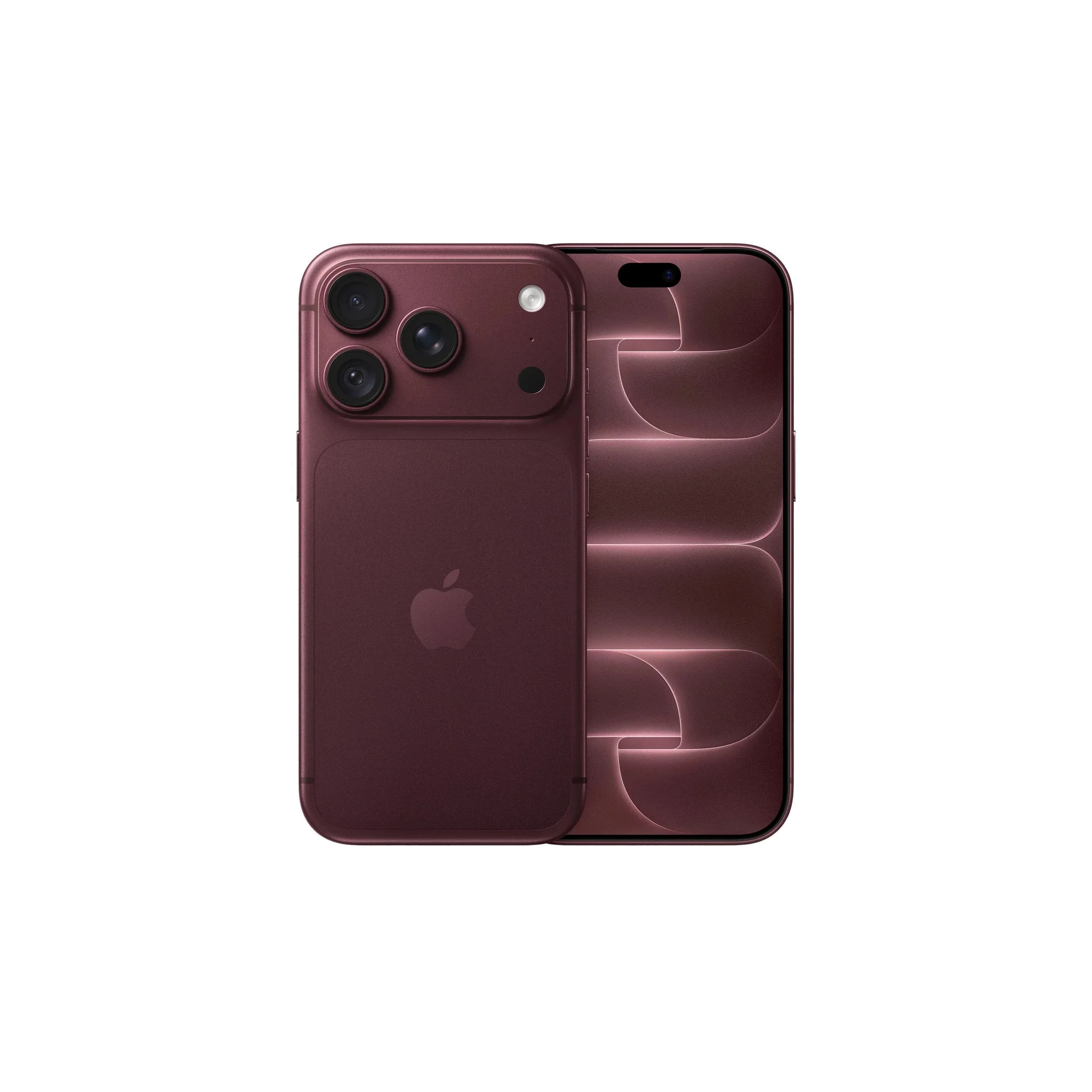 An Apple iPhone shown from the back in a deep plum or burgundy color, featuring a triple-camera system on the left and a subtle wave pattern on the right, set against a plain light gray background.