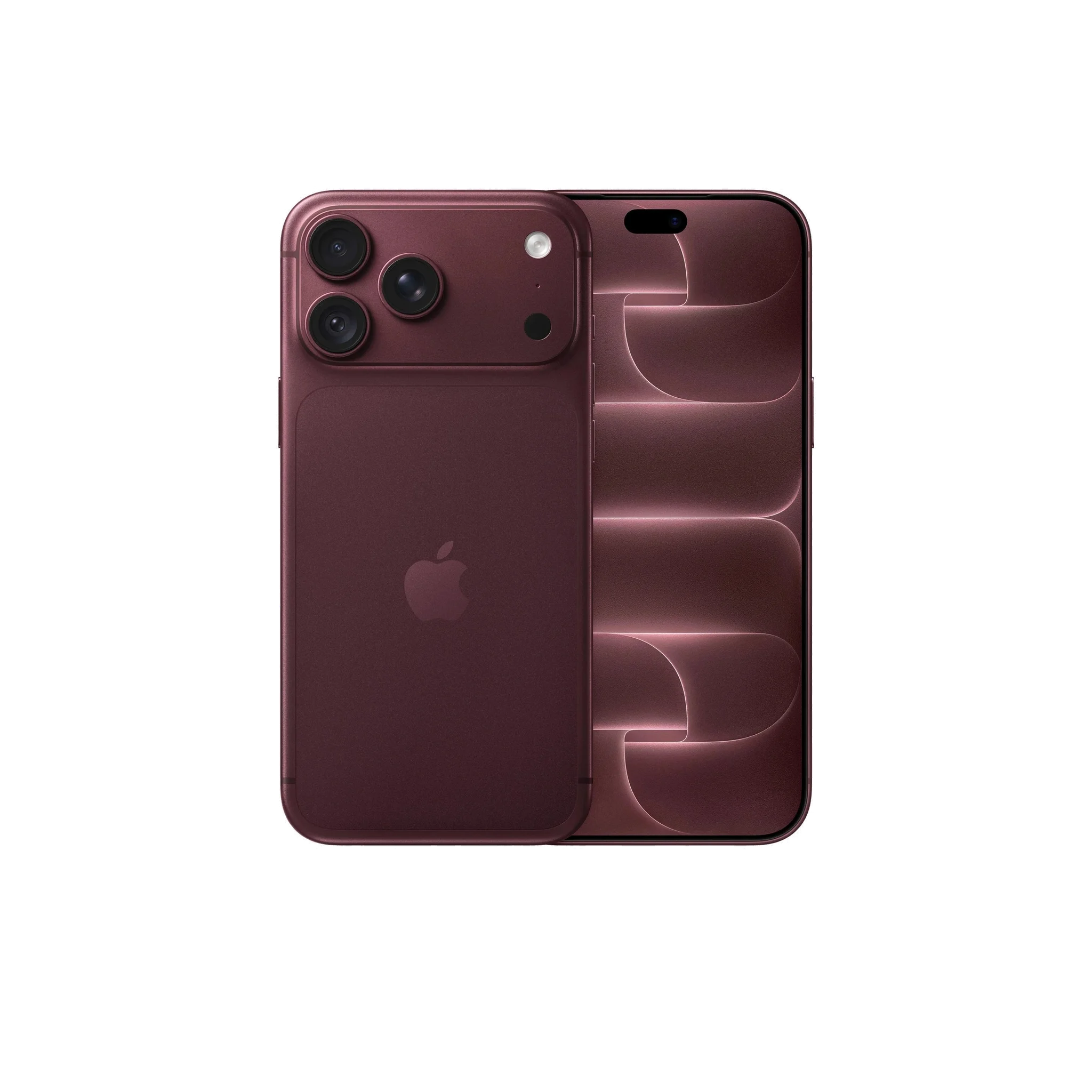 An Apple iPhone shown from the back in a deep burgundy color, featuring a triple-camera system on the top left and a subtle geometric pattern on the right side of the back panel.