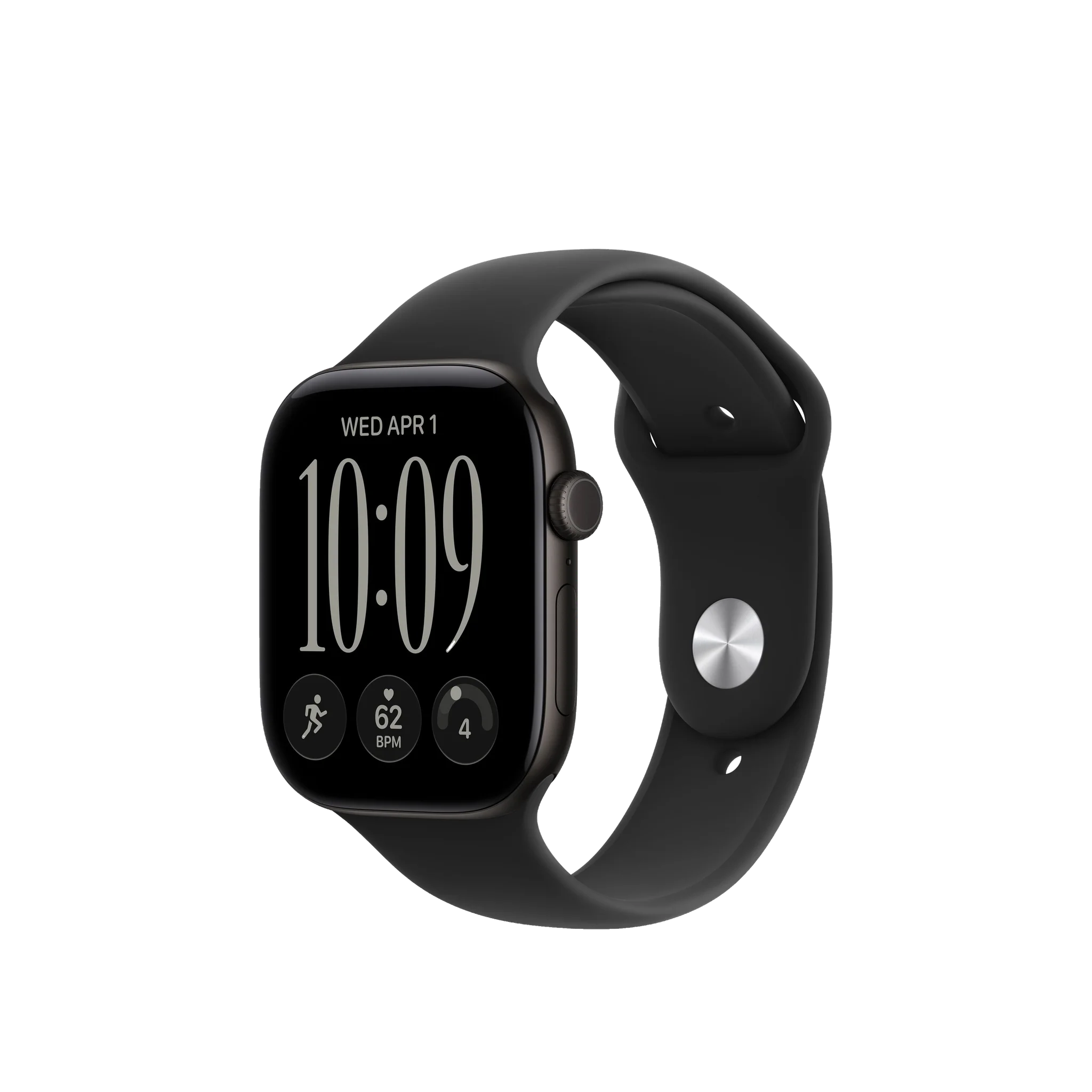 A black smartwatch with a rectangular digital display and a matching black sport band, shown on a plain light gray background.