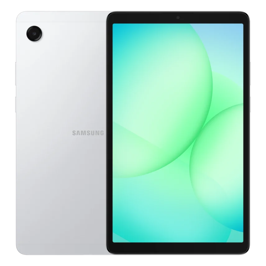 Samsung Galaxy Tab A11, silfurlituð – framhlið og bakhlið