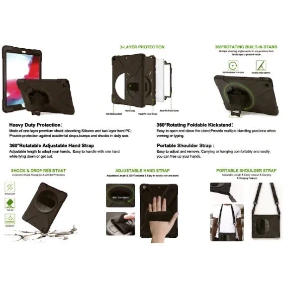 LUNE black heavy-duty protective case for iPad Pro 13 inch with 360-degree rotating stand, hand strap, and shoulder strap.