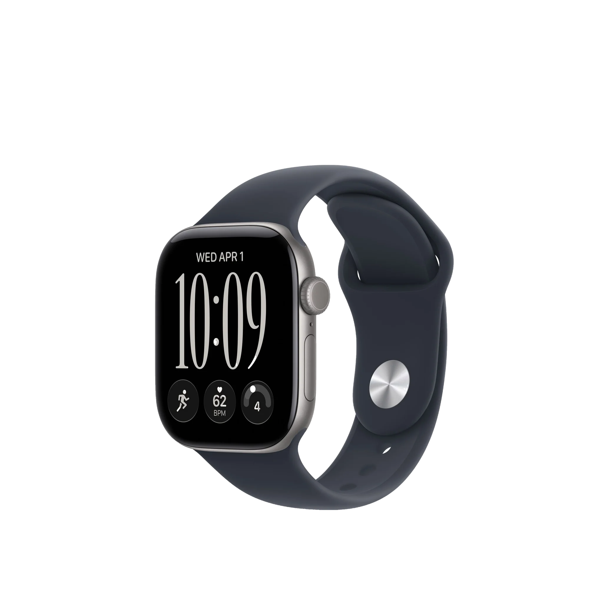 A smartwatch with a black rectangular display showing the time 10:09 in gold, paired with a light beige sport band, set against a plain white background.