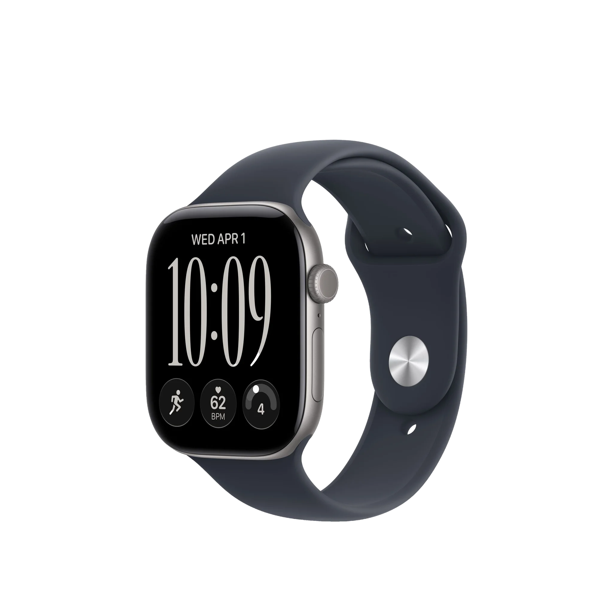 A smartwatch with a dark navy blue band and a silver-toned case, shown at a three-quarter angle against a plain white background.