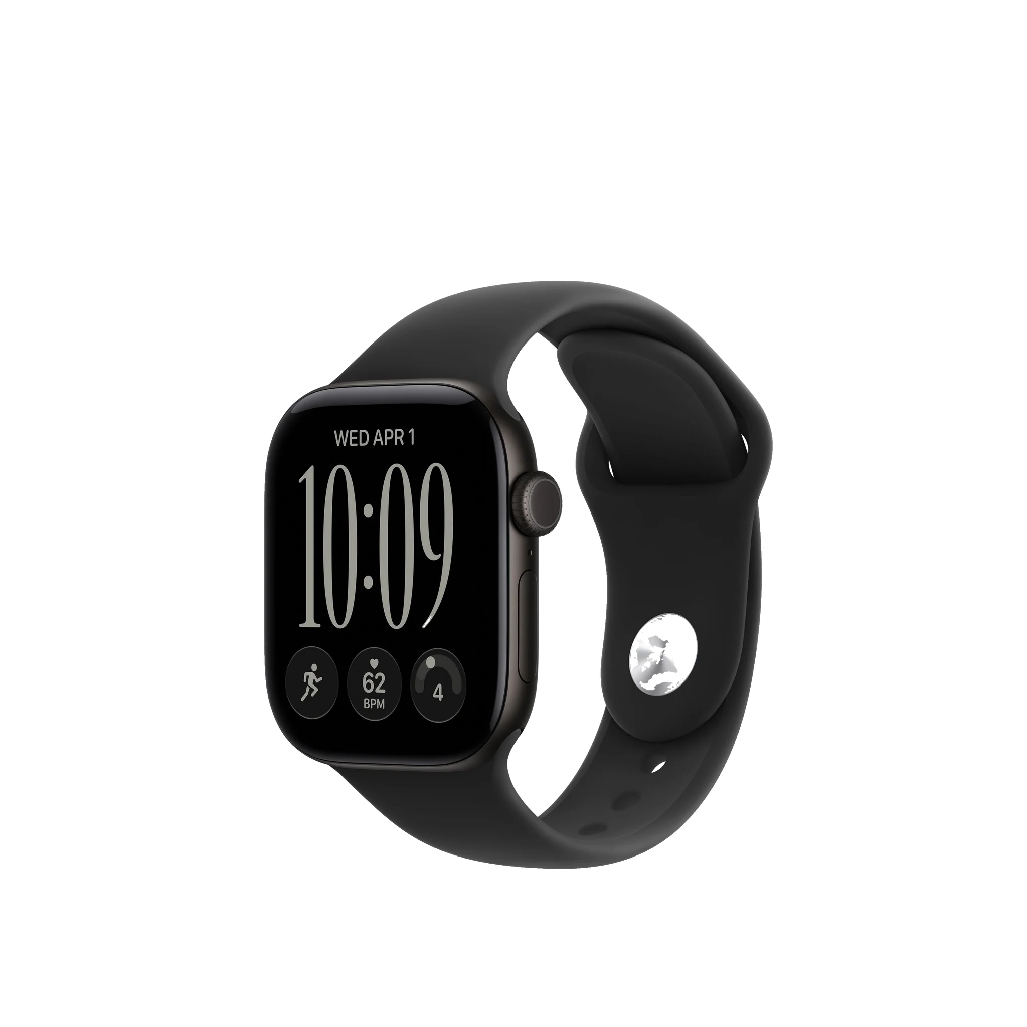 A black smartwatch with a rectangular digital display and a matching black sport band, shown at a three-quarter angle on a plain white background.
