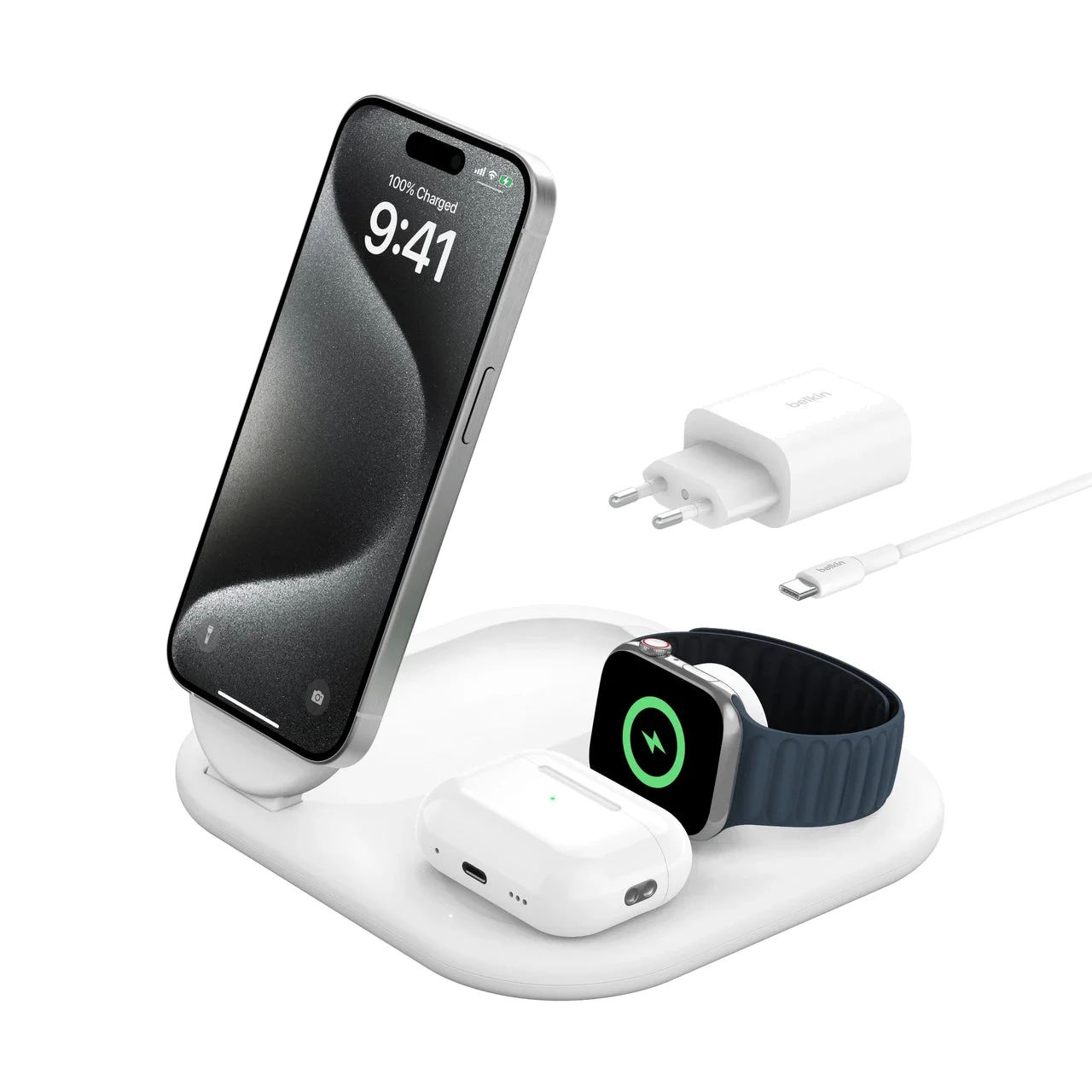 Belkin 3-in-1 BoostCharge Þráðlaus hleðslustandur - Hvítur