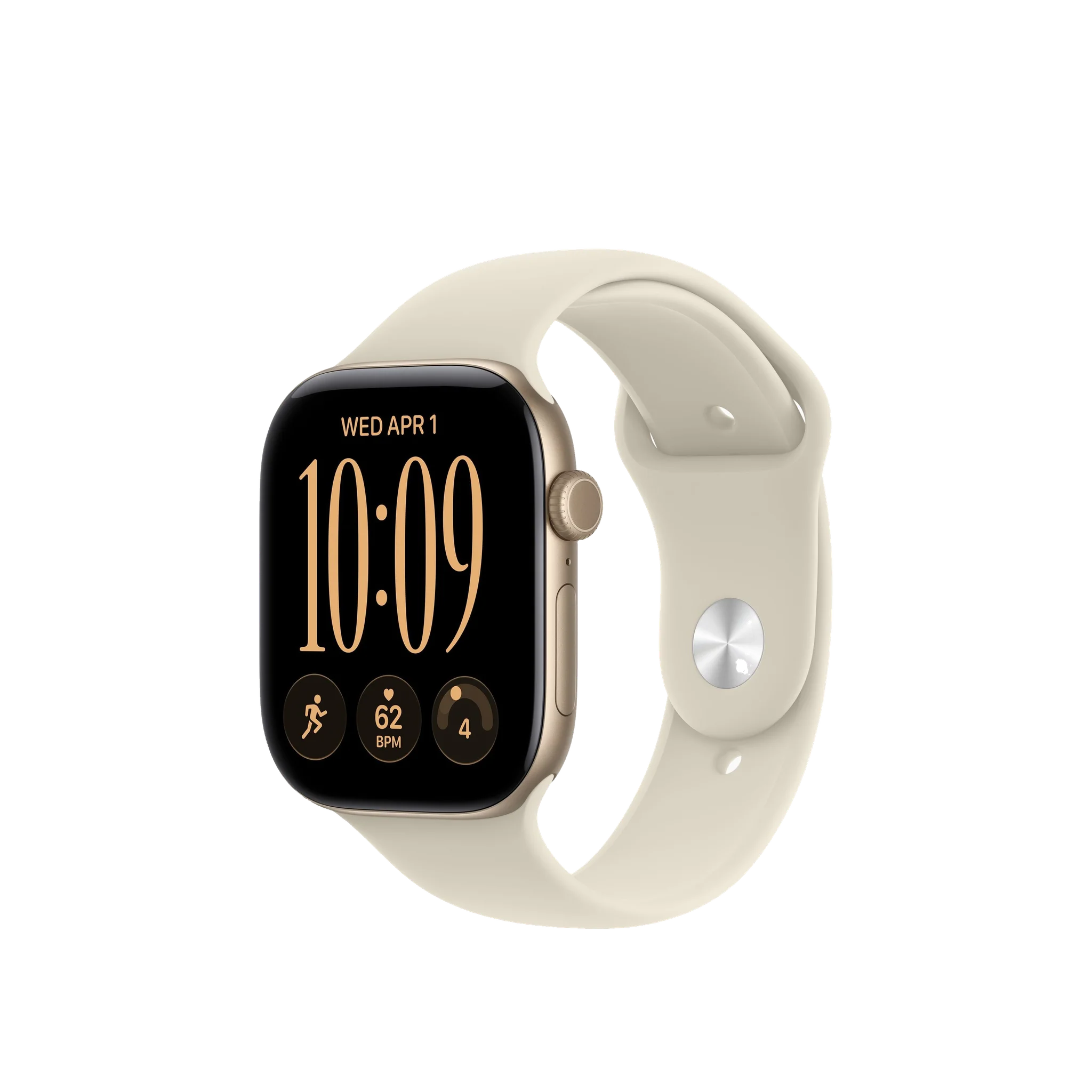 A smartwatch with a black rectangular display and a light beige sport band, shown on a plain light gray background.