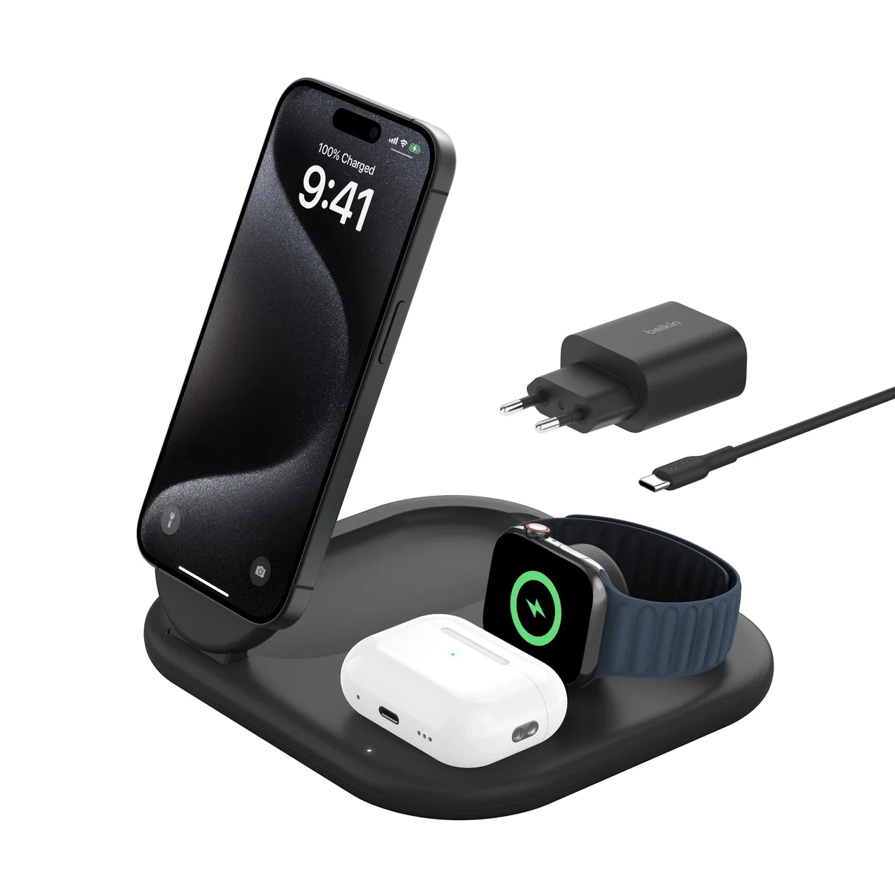 Belkin 3-in-1 BoostCharge Þráðlaus hleðslustandur - Svartur