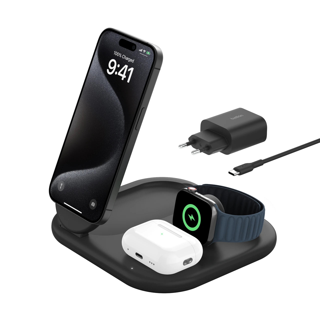 Belkin 3-in-1 BoostCharge Þráðlaus hleðslustandur - Svartur
