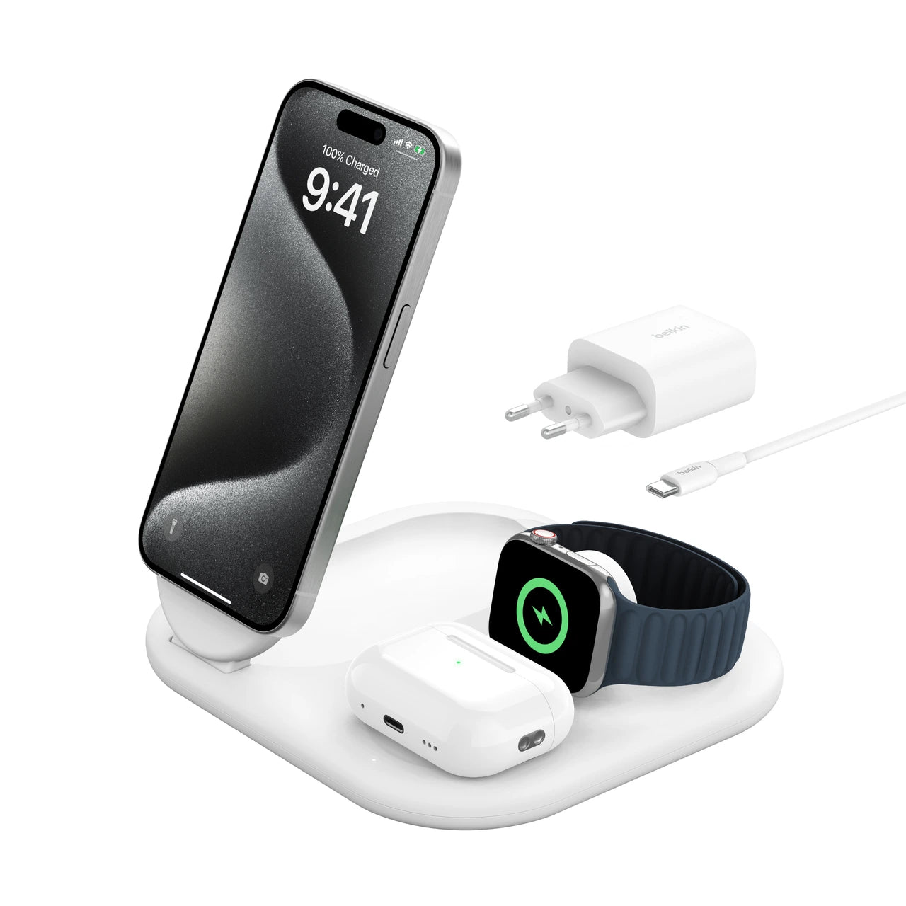 Belkin 3-in-1 BoostCharge Þráðlaus hleðslustandur - Hvítur