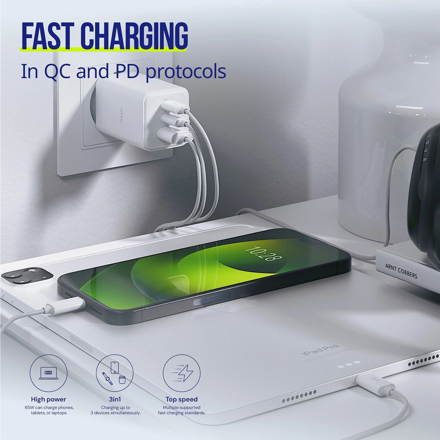 Allity Wall Charger GaN PD QC 2x USB-C 1x USB-A 65W