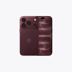 An Apple iPhone shown from the back in a deep plum or burgundy color, featuring a triple-camera system on the left and a subtle wave pattern on the right, set against a plain light gray background.