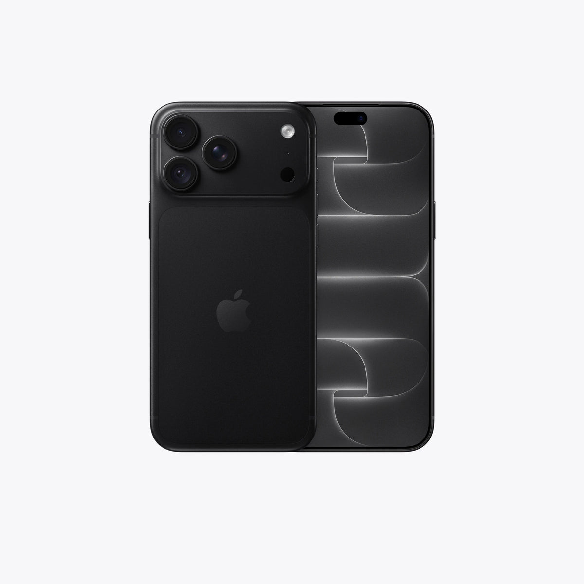 A black Apple iPhone shown from the back, featuring a triple-camera system on the left and a large glass back panel on the right, centered on a light gray background.