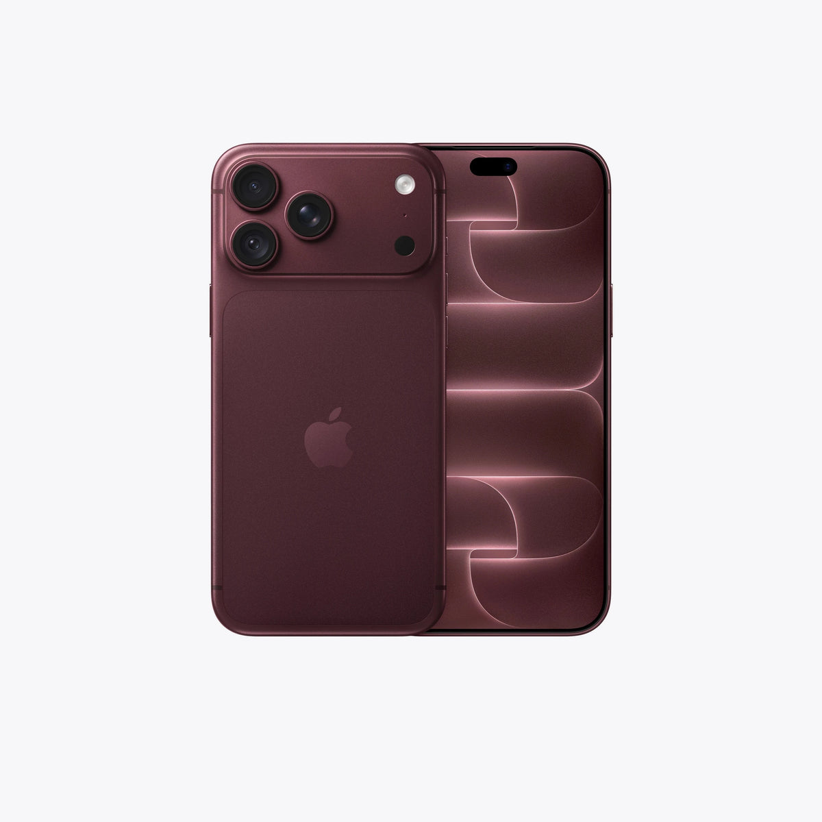An Apple iPhone shown from the back in a deep burgundy color, featuring a triple-camera system on the top left and a subtle geometric pattern on the right side of the back panel.