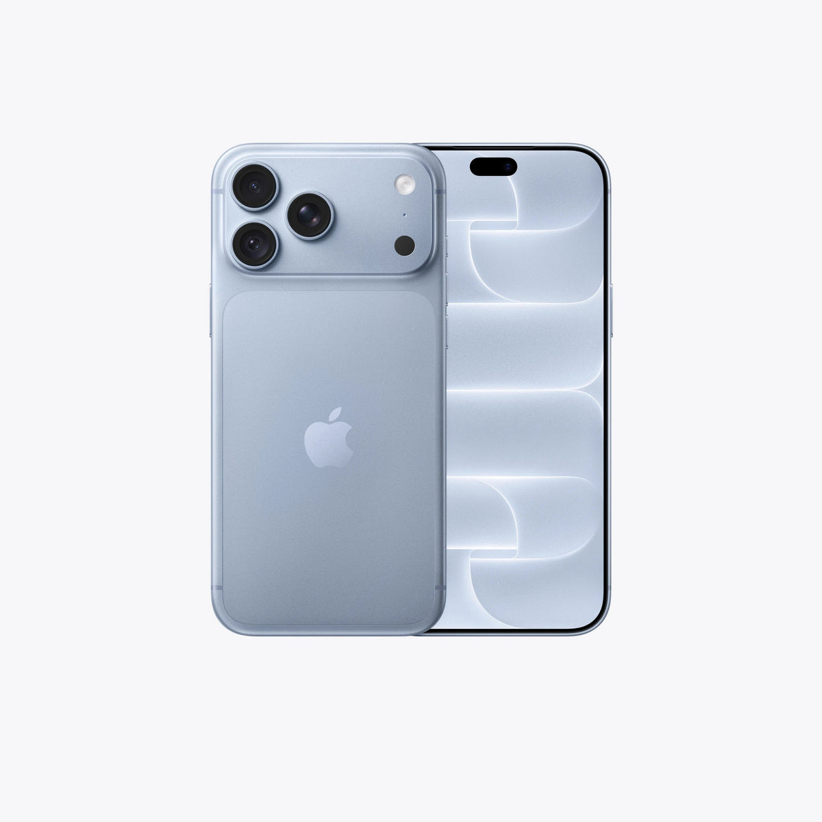An Apple iPhone shown from the back in a pale icy blue color, with the rear camera array and the front screen visible side by side on a clean white background.