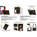 LUNE black heavy-duty protective case for iPad Pro 13 inch with 360-degree rotating stand, hand strap, and shoulder strap.