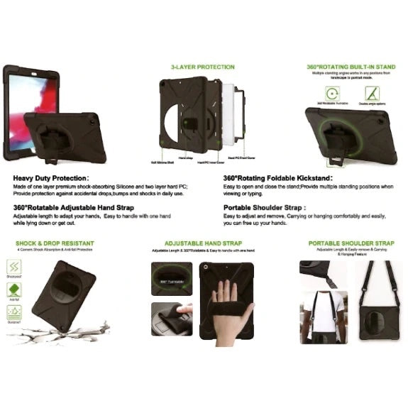 LUNE black heavy-duty protective case for iPad Pro 13 inch with 360-degree rotating stand, hand strap, and shoulder strap.