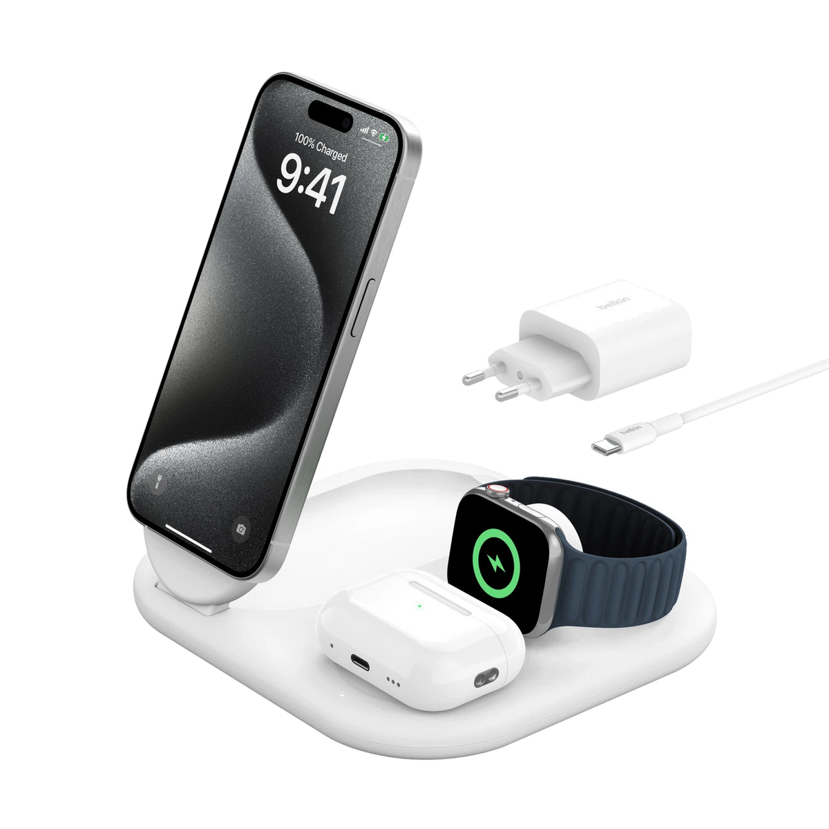 Belkin 3-in-1 BoostCharge Þráðlaus hleðslustandur - Hvítur