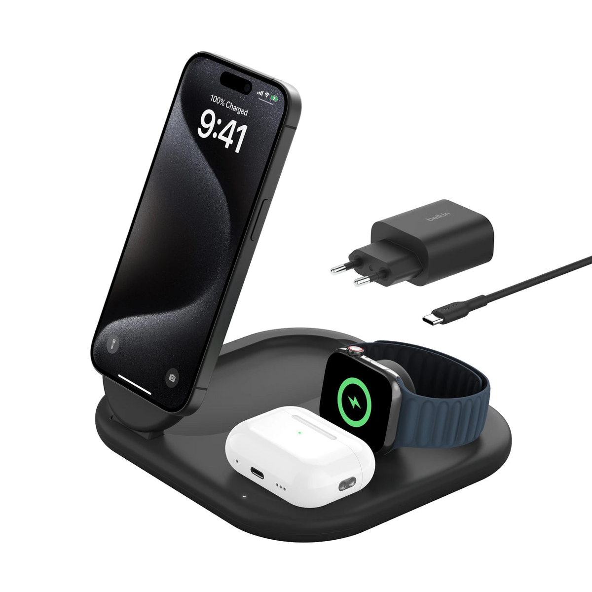 Belkin 3-in-1 BoostCharge Þráðlaus hleðslustandur - Svartur