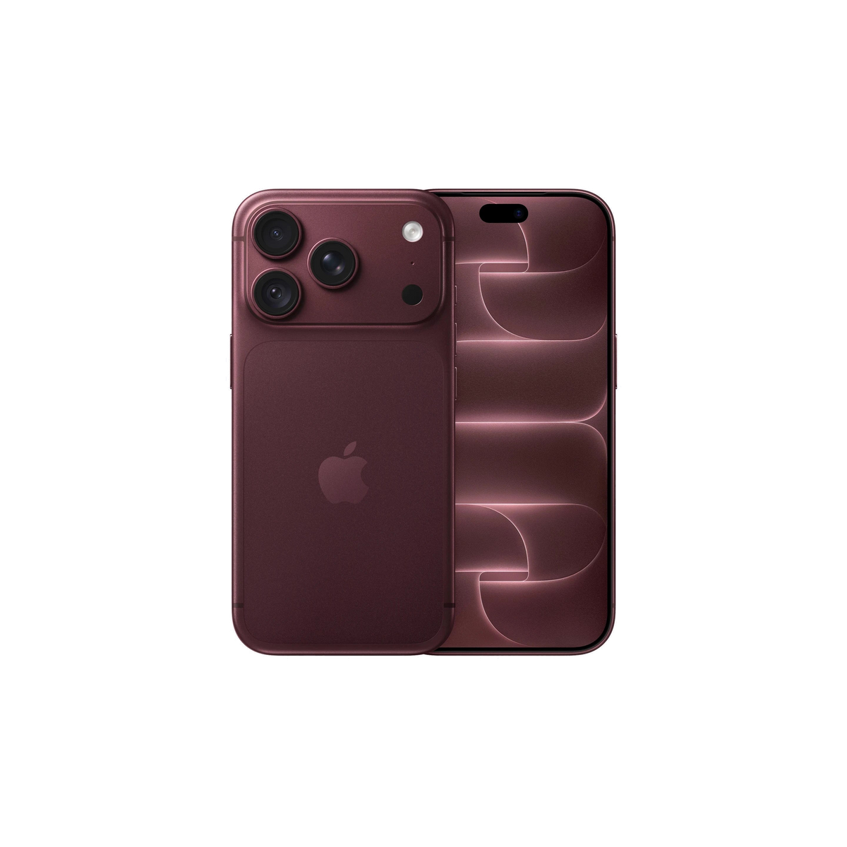An Apple iPhone shown from the back in a deep plum or burgundy color, featuring a triple-camera system on the left and a subtle wave pattern on the right, set against a plain light gray background.