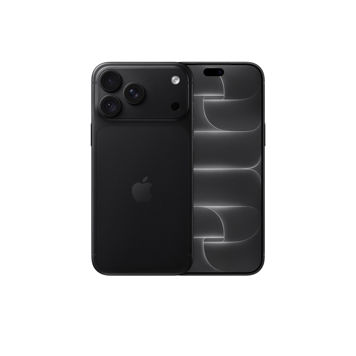 A black Apple iPhone shown from the back, featuring a triple-camera system on the left and a large glass back panel on the right, centered on a light gray background.