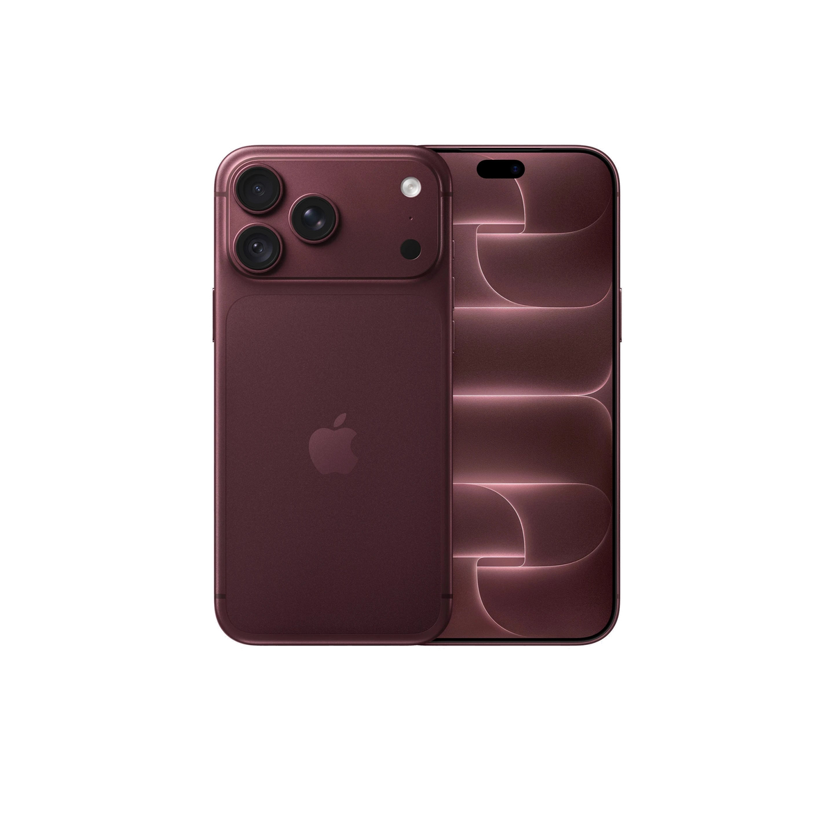 An Apple iPhone shown from the back in a deep burgundy color, featuring a triple-camera system on the top left and a subtle geometric pattern on the right side of the back panel.