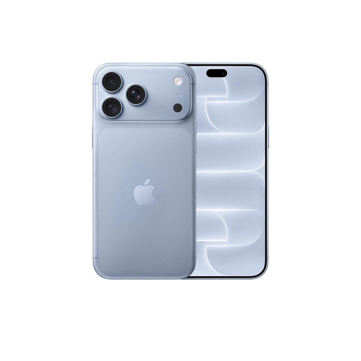 An Apple iPhone shown from the back in a pale icy blue color, with the rear camera array and the front screen visible side by side on a clean white background.