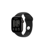 A black smartwatch with a rectangular digital display and a matching black sport band, shown at a three-quarter angle on a plain white background.