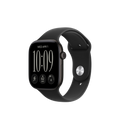 A black smartwatch with a rectangular digital display and a matching black sport band, shown on a plain light gray background.