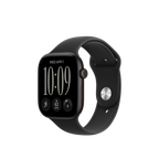 A black smartwatch with a rectangular digital display and a matching black sport band, shown on a plain light gray background.