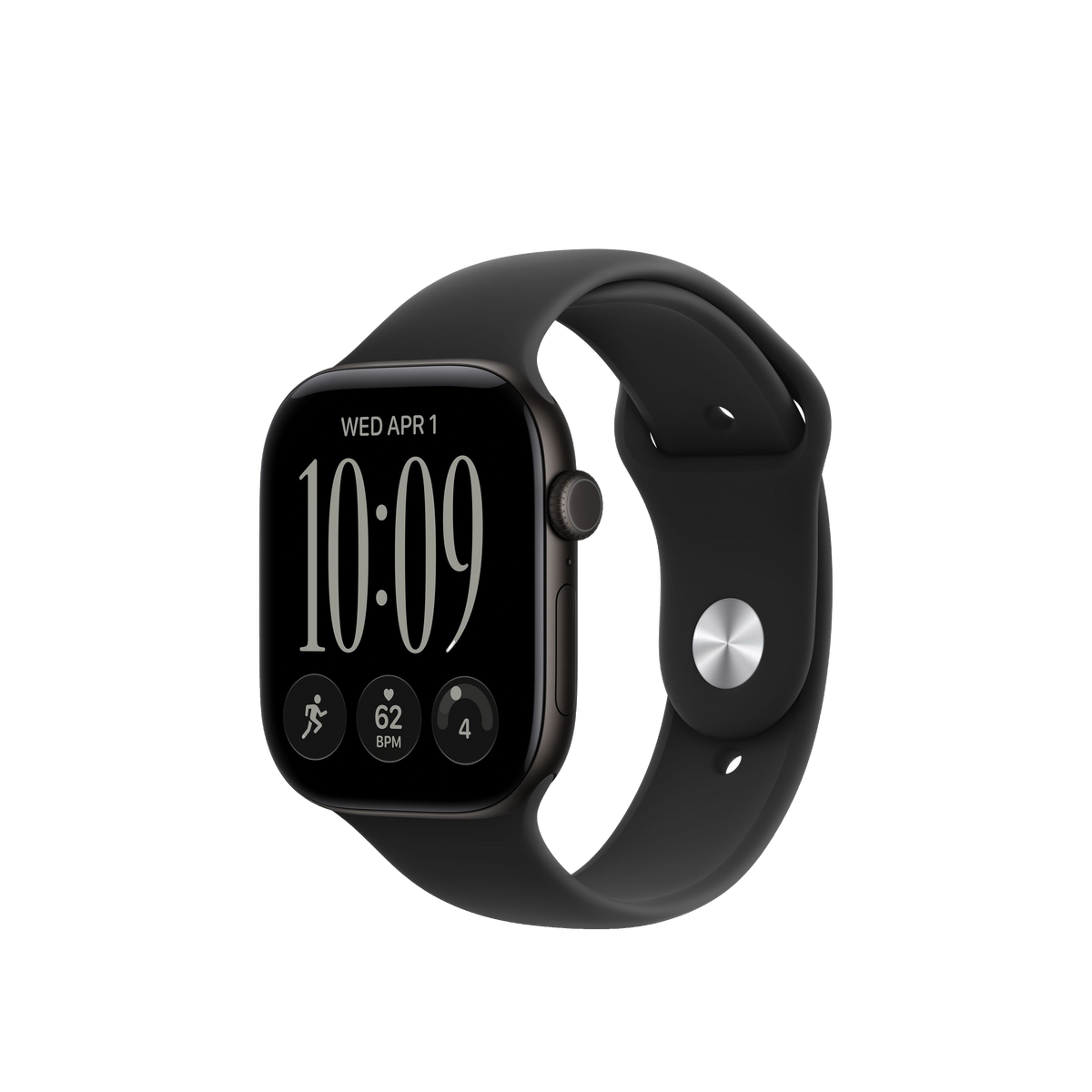 A black smartwatch with a rectangular digital display and a matching black sport band, shown on a plain light gray background.