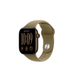 An Apple Watch with a black rectangular face and a khaki olive green sport band, shown on a plain white background.