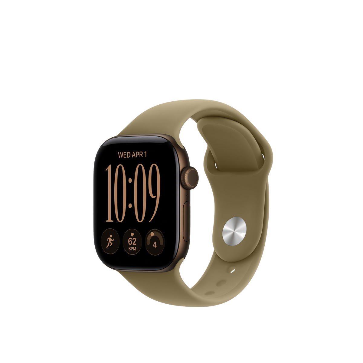 An Apple Watch with a black rectangular face and a khaki olive green sport band, shown on a plain white background.