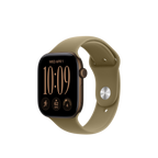 A smartwatch with a black rectangular face and a tan-beige sport band, shown on a plain light gray background.