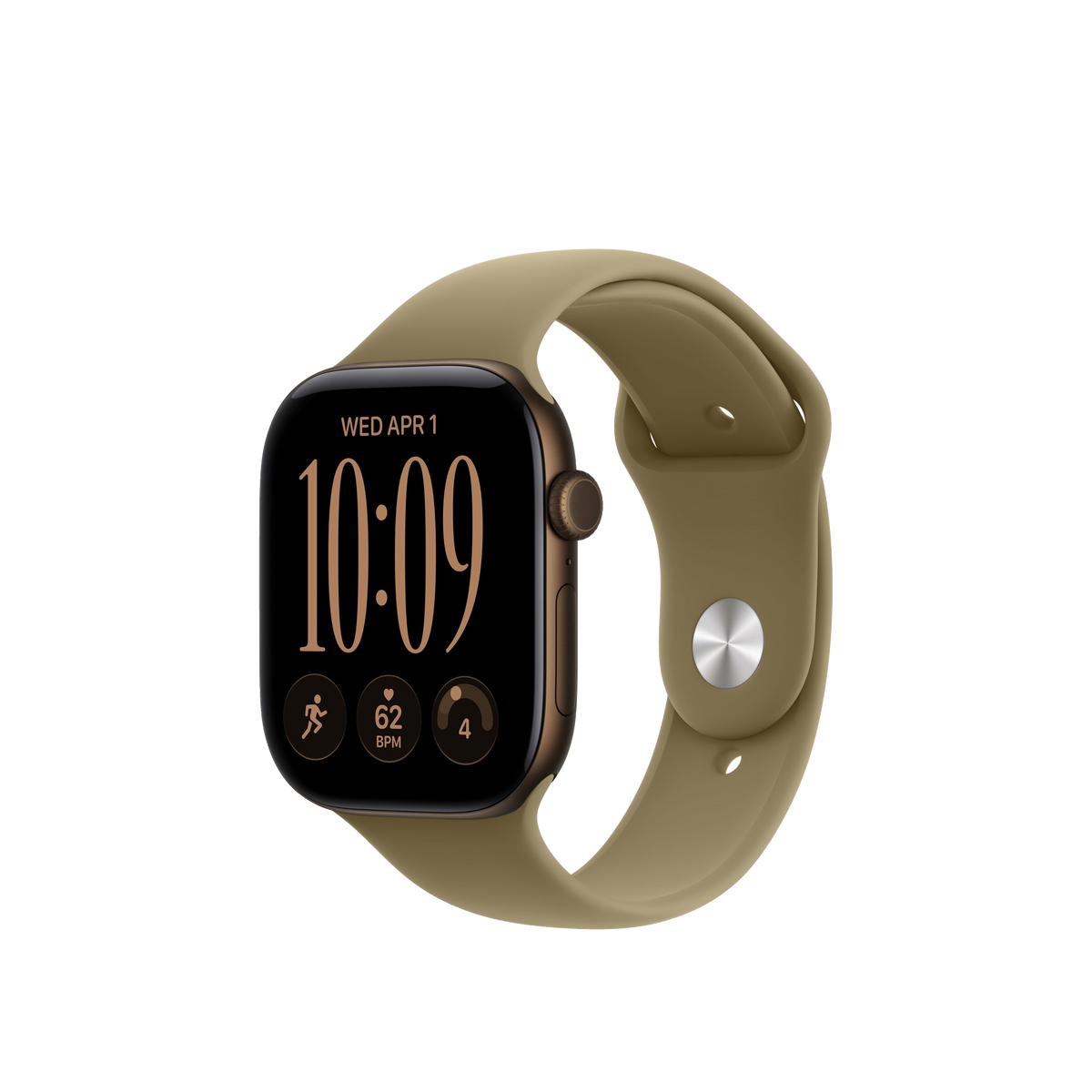 A smartwatch with a black rectangular face and a tan-beige sport band, shown on a plain light gray background.