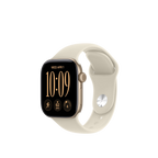 A smartwatch with a black rectangular display showing the time 10:09 in gold, paired with a light beige sport band, set against a plain white background.