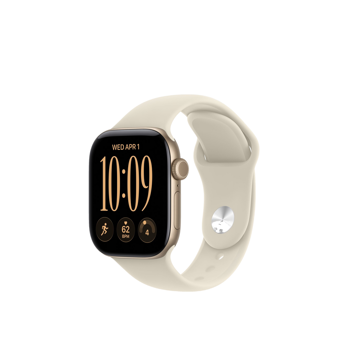 A smartwatch with a black rectangular display showing the time 10:09 in gold, paired with a light beige sport band, set against a plain white background.