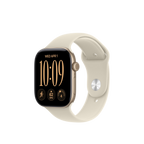 A smartwatch with a black rectangular display and a light beige sport band, shown on a plain light gray background.