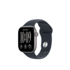 A smartwatch with a dark navy blue band and a silver-toned case, shown at a three-quarter angle against a plain white background.