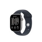 A smartwatch with a dark navy blue sport band and a silver-toned case, shown at a three-quarter angle against a plain white background.