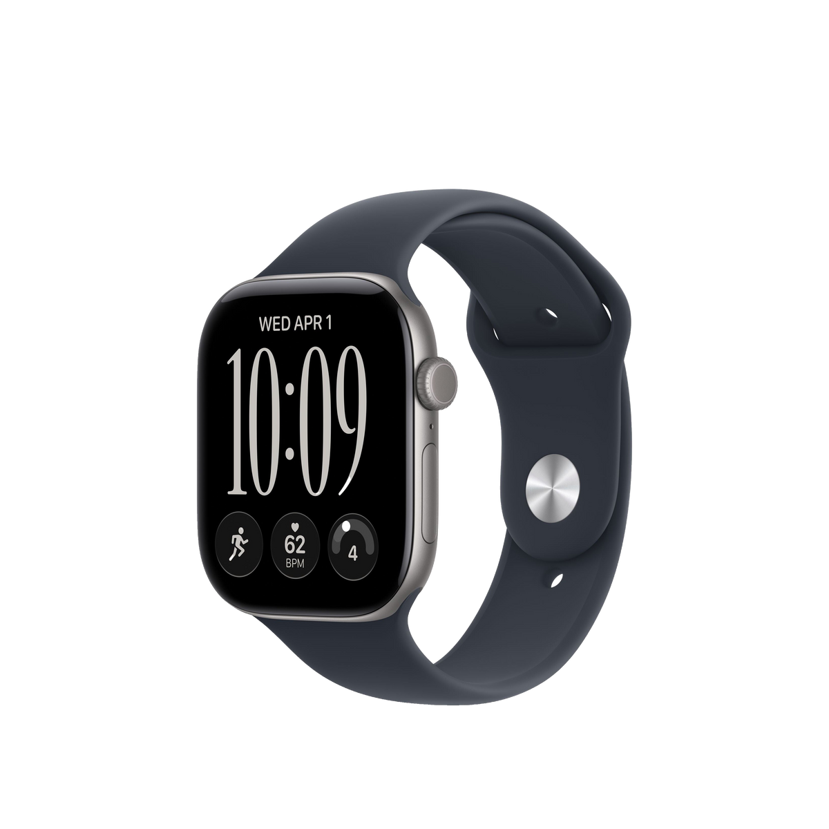A smartwatch with a dark navy blue sport band and a silver-toned case, shown at a three-quarter angle against a plain white background.