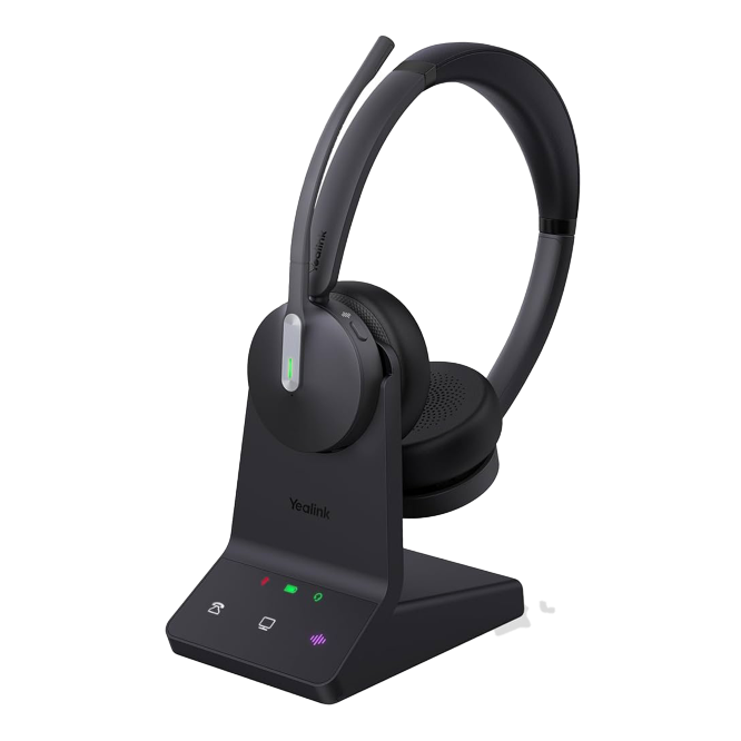 LUNE Yealink WH64 Dual Teams wireless headset in black with charging dock, DECT and Bluetooth connectivity.