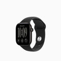 A black smartwatch with a rectangular digital display and a matching black sport band, shown at a three-quarter angle on a plain white background.