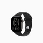 A black smartwatch with a rectangular digital display and a matching black sport band, shown at a three-quarter angle on a plain white background.