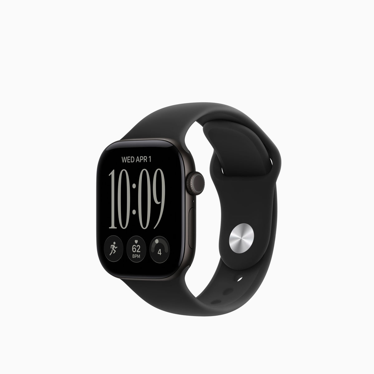 A black smartwatch with a rectangular digital display and a matching black sport band, shown at a three-quarter angle on a plain white background.