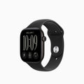 A black smartwatch with a rectangular digital display and a matching black sport band, shown on a plain light gray background.