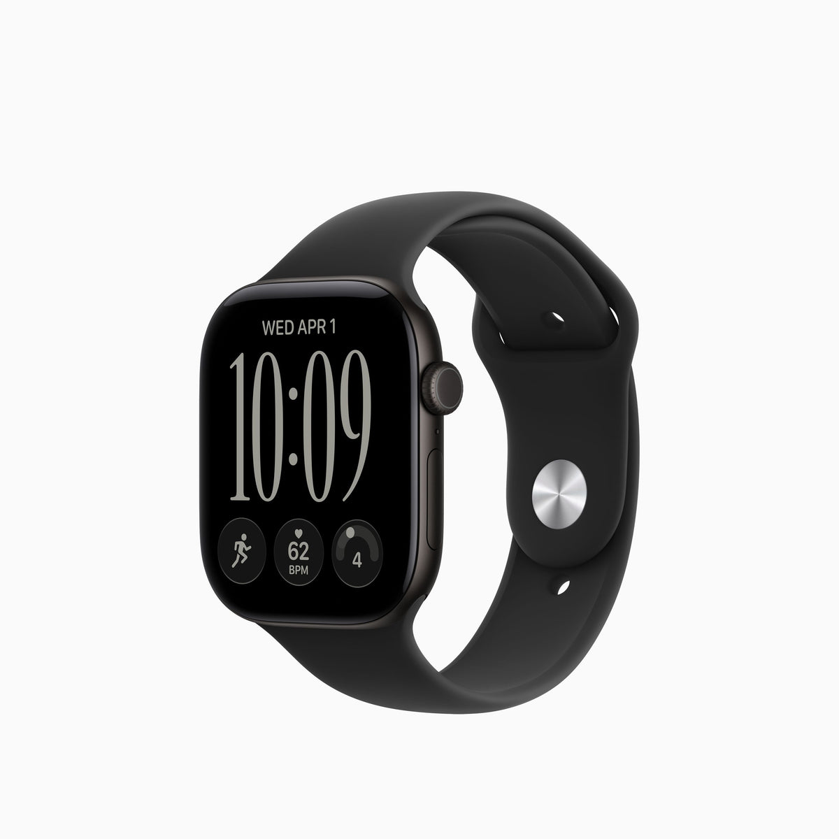 A black smartwatch with a rectangular digital display and a matching black sport band, shown on a plain light gray background.