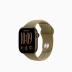 An Apple Watch with a black rectangular face and a khaki olive green sport band, shown on a plain white background.