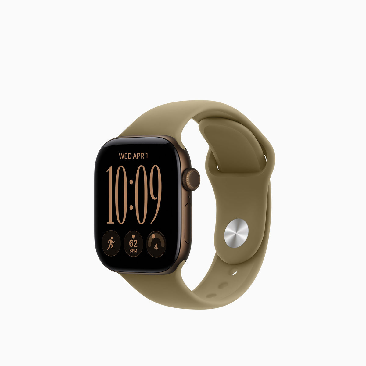 An Apple Watch with a black rectangular face and a khaki olive green sport band, shown on a plain white background.