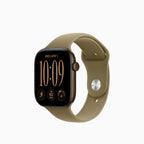 A smartwatch with a black rectangular face and a tan-beige sport band, shown on a plain light gray background.