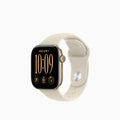 A smartwatch with a black rectangular display showing the time 10:09 in gold, paired with a light beige sport band, set against a plain white background.